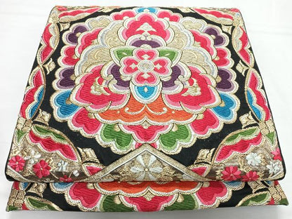 平和屋着物◎六通柄袋帯　唐織　更紗花文　黒地　金銀糸　正絹　逸品　CABL1767nb