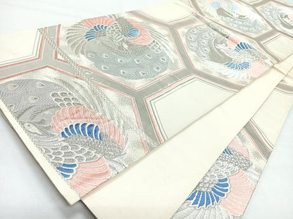 平和屋着物◎六通柄袋帯　唐織　亀甲孔雀文　プラチナ箔　正絹　逸品　CABL1768nb