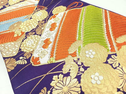 平和屋着物◎六通柄袋帯　唐織　草花文　金糸　正絹　逸品　CABL1772nb