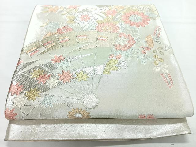 平和屋着物◎六通柄袋帯　唐織　檜扇草花文　銀糸　正絹　逸品　CABL1773nb