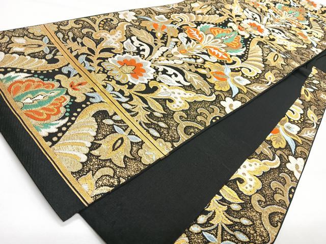 平和屋着物◎六通柄袋帯　更紗花唐草文　黒地　金糸　正絹　逸品　CABL1774nb