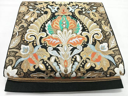 平和屋着物◎六通柄袋帯　更紗花唐草文　黒地　金糸　正絹　逸品　CABL1774nb