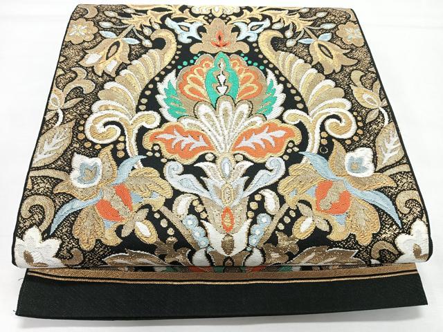 平和屋着物◎六通柄袋帯　更紗花唐草文　黒地　金糸　正絹　逸品　CABL1774nb