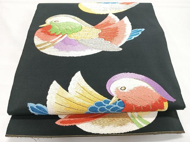 平和屋着物◎太鼓柄袋帯　鴛鴦　黒地　金糸　正絹　逸品　CABL1777nb