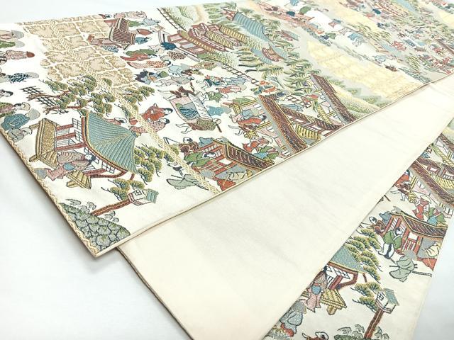 平和屋着物◎六通柄袋帯　人物風景文　金糸　正絹　逸品　CABL1778nb