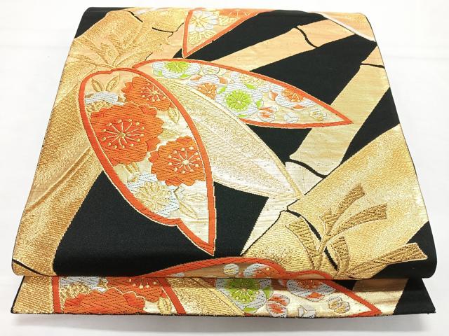 平和屋着物◎六通柄袋帯　唐織　笹竹草花文　黒地　金糸　正絹　逸品　CABL1787nb