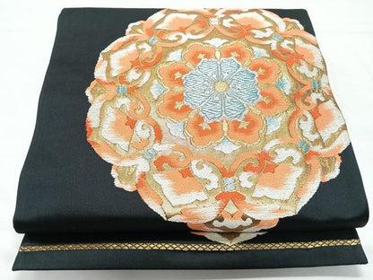 平和屋着物◎六通柄袋帯　正倉院花文　黒地　金銀糸　正絹　逸品　CABL1790nb