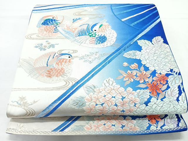 平和屋着物◎六通柄袋帯　唐織　扇面流水鴛鴦草花文　銀糸　正絹　逸品　CABL1792nb