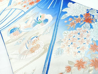 平和屋着物◎六通柄袋帯　唐織　扇面流水鴛鴦草花文　銀糸　正絹　逸品　CABL1792nb