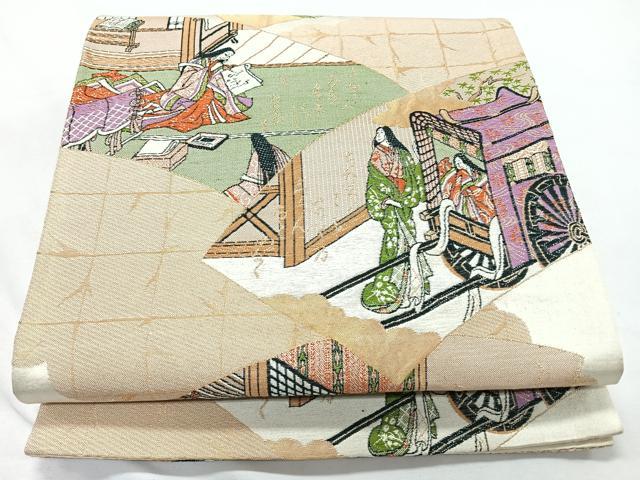 平和屋着物◎六通柄袋帯　地紙人物風景文　金糸　正絹　逸品　CABL1793nb