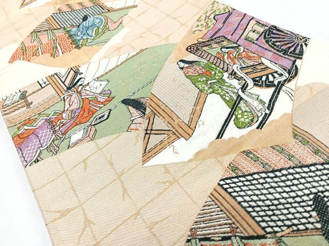 平和屋着物◎六通柄袋帯　地紙人物風景文　金糸　正絹　逸品　CABL1793nb