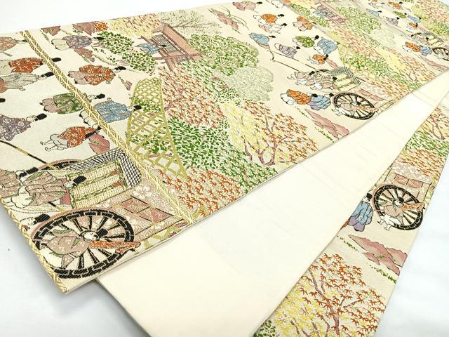 平和屋着物◎六通柄袋帯　御所車人物風景文　金糸　正絹　逸品　CABL1800nb