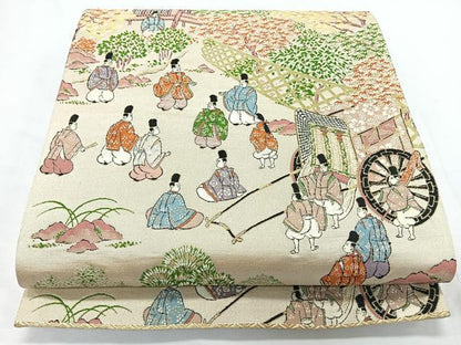 平和屋着物◎六通柄袋帯　御所車人物風景文　金糸　正絹　逸品　CABL1800nb