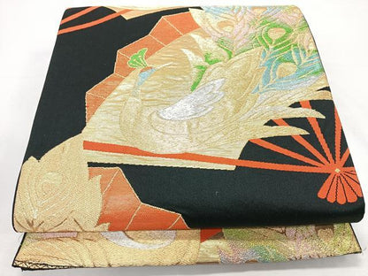 平和屋着物◎六通柄袋帯　扇面孔雀文　黒地　金銀糸　正絹　逸品　CABL1802nb