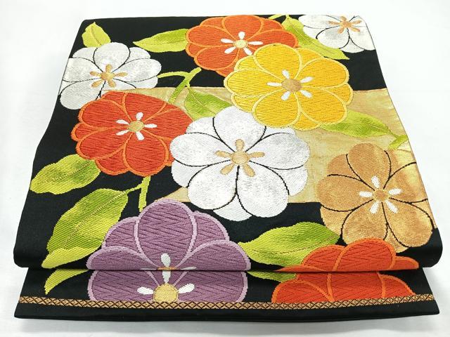 平和屋着物◎六通柄袋帯　唐織　草花文　黒地　金銀糸　正絹　逸品　CABL1813nb