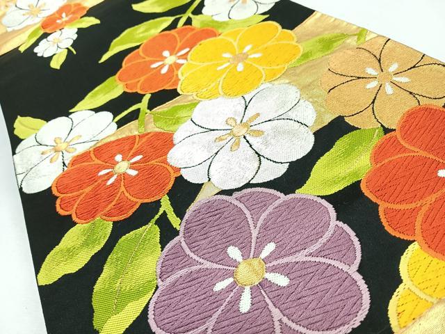 平和屋着物◎六通柄袋帯　唐織　草花文　黒地　金銀糸　正絹　逸品　CABL1813nb