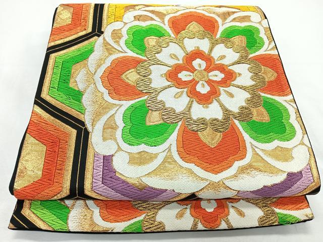 平和屋着物◎六通柄袋帯　唐織　亀甲正倉院花文　黒地　金糸　正絹　逸品　CABL1815nb
