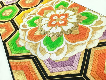 平和屋着物◎六通柄袋帯　唐織　亀甲正倉院花文　黒地　金糸　正絹　逸品　CABL1815nb
