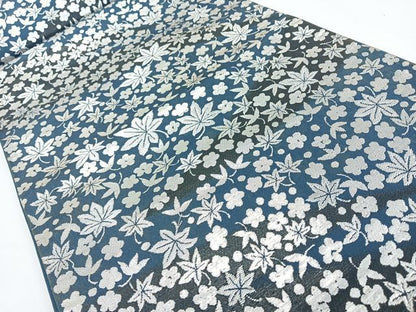 平和屋着物◎六通柄袋帯　草花文　銀糸　正絹　逸品　CABL1819nb