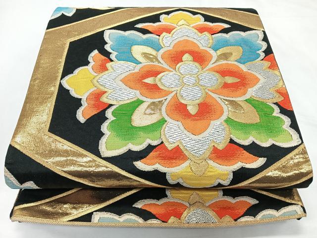 平和屋着物◎六通柄袋帯　亀甲正倉院花文　黒地　金銀糸　正絹　逸品　CABL1820nb