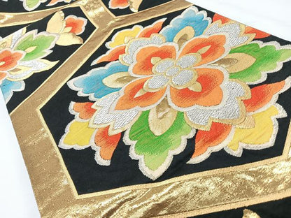平和屋着物◎六通柄袋帯　亀甲正倉院花文　黒地　金銀糸　正絹　逸品　CABL1820nb