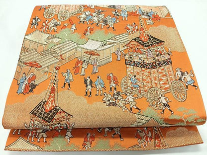 平和屋着物◎六通柄袋帯　人物風景文　金糸　正絹　逸品　CABL1828nb