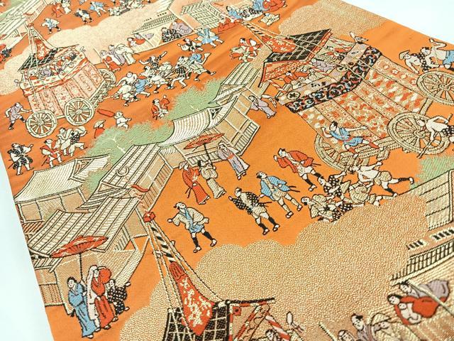 平和屋着物◎六通柄袋帯　人物風景文　金糸　正絹　逸品　CABL1828nb