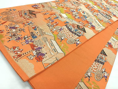 平和屋着物◎六通柄袋帯　人物風景文　金糸　正絹　逸品　CABL1829nb