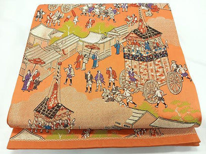 平和屋着物◎六通柄袋帯　人物風景文　金糸　正絹　逸品　CABL1829nb