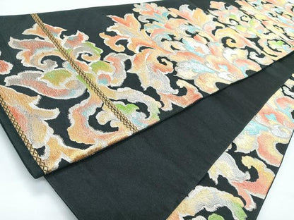 平和屋着物◎六通柄袋帯　花唐草文　黒地　金銀糸　正絹　逸品　CABL1830nb