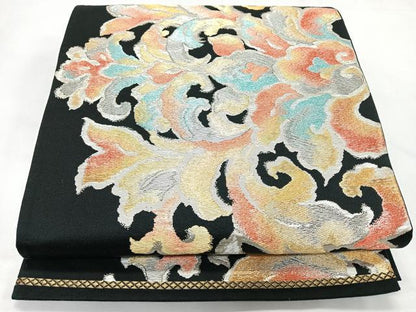 平和屋着物◎六通柄袋帯　花唐草文　黒地　金銀糸　正絹　逸品　CABL1830nb