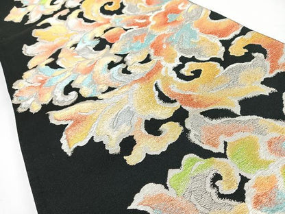 平和屋着物◎六通柄袋帯　花唐草文　黒地　金銀糸　正絹　逸品　CABL1830nb