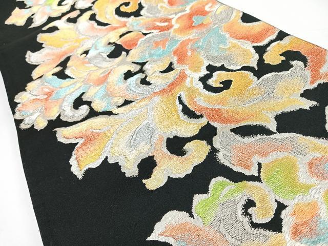 平和屋着物◎六通柄袋帯　花唐草文　黒地　金銀糸　正絹　逸品　CABL1830nb