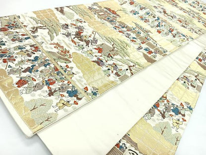 平和屋着物◎六通柄袋帯　人物風景文　金糸　正絹　逸品　CABL1832nb