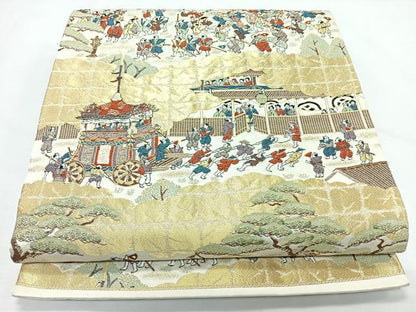 平和屋着物◎六通柄袋帯　人物風景文　金糸　正絹　逸品　CABL1832nb