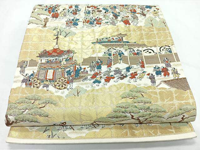 平和屋着物◎六通柄袋帯　人物風景文　金糸　正絹　逸品　CABL1832nb