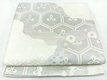 平和屋着物◎六通柄袋帯　唐織　道長亀甲花文　銀糸　正絹　逸品　CABL1844nb