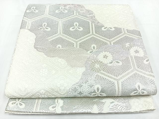 平和屋着物◎六通柄袋帯　唐織　道長亀甲花文　銀糸　正絹　逸品　CABL1844nb