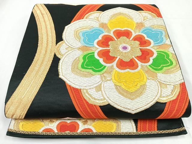 平和屋着物◎六通柄袋帯　唐織　立涌正倉院花文　黒地　金糸　正絹　逸品　CABL1858nb