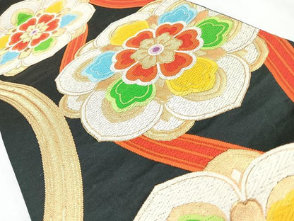 平和屋着物◎六通柄袋帯　唐織　立涌正倉院花文　黒地　金糸　正絹　逸品　CABL1858nb