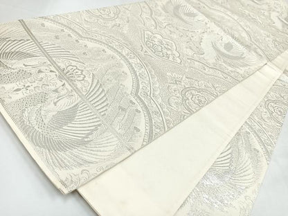 平和屋着物◎六通柄袋帯　向かい鳥花唐草文　銀糸　正絹　逸品　CABL1860nb