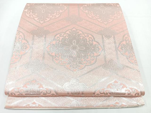 平和屋着物◎両面　全通柄袋帯　亀甲更紗花文　銀糸　正絹　逸品　CABL1863nb