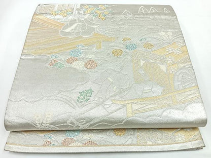 平和屋着物◎六通柄袋帯　御所車人物風景文　金銀糸　正絹　逸品　CABL1865nb