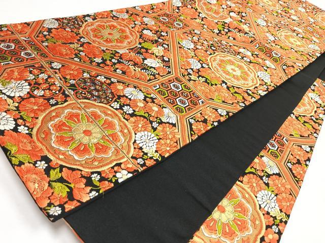 平和屋着物◎六通柄袋帯　唐織　吉祥更紗草花文　黒地　金糸　正絹　逸品　CABL1881nb