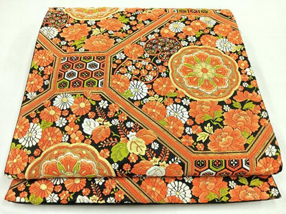 平和屋着物◎六通柄袋帯　唐織　吉祥更紗草花文　黒地　金糸　正絹　逸品　CABL1881nb