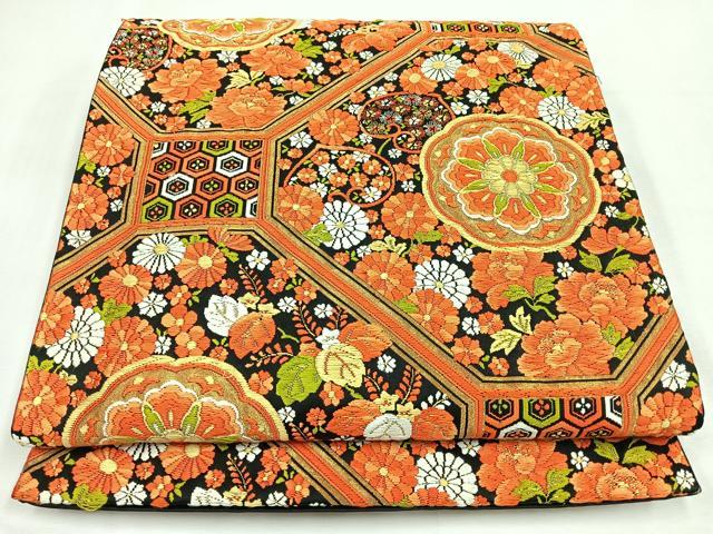 平和屋着物◎六通柄袋帯　唐織　吉祥更紗草花文　黒地　金糸　正絹　逸品　CABL1881nb