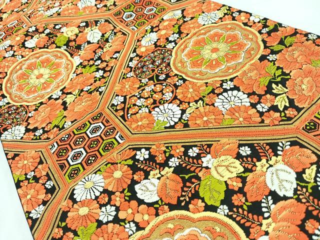 平和屋着物◎六通柄袋帯　唐織　吉祥更紗草花文　黒地　金糸　正絹　逸品　CABL1881nb