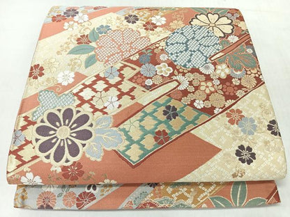 平和屋着物◎六通柄袋帯　花唐草吉祥文　金糸　正絹　逸品　CABL1893nb