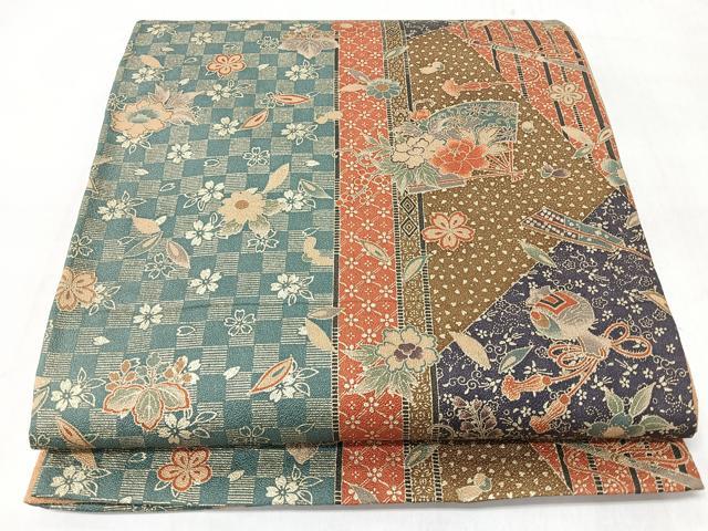 平和屋着物◎全通柄袋帯　扇面草花宝尽し文　金彩　正絹　逸品　未使用　CABL1895nb