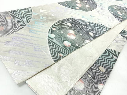 平和屋着物◎六通柄袋帯　長岡秀星　幾何学文　銀糸　正絹　逸品　CABL1901nb